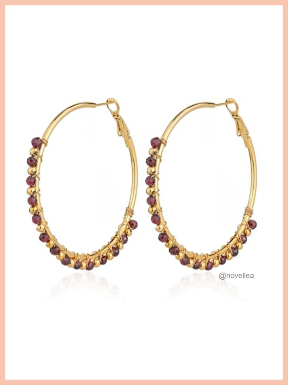 18K Gold Plated Large Hoop Earrings Red Garnet Beaded Jewelry